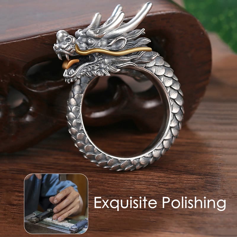 Stone of buddha 925 Sterling Silver Vintage Dragon Design Protection Strength Adjustable Ring
