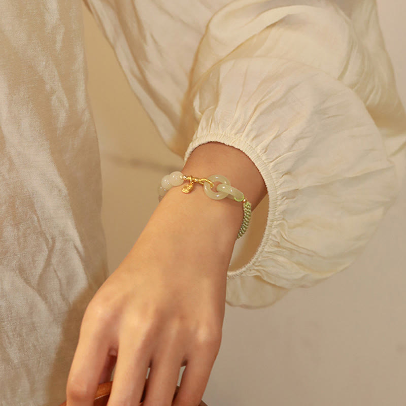 Stone of buddha Natural Hetian Jade Bead Double Peace Buckle Fu Character Abundance Braided Bracelet