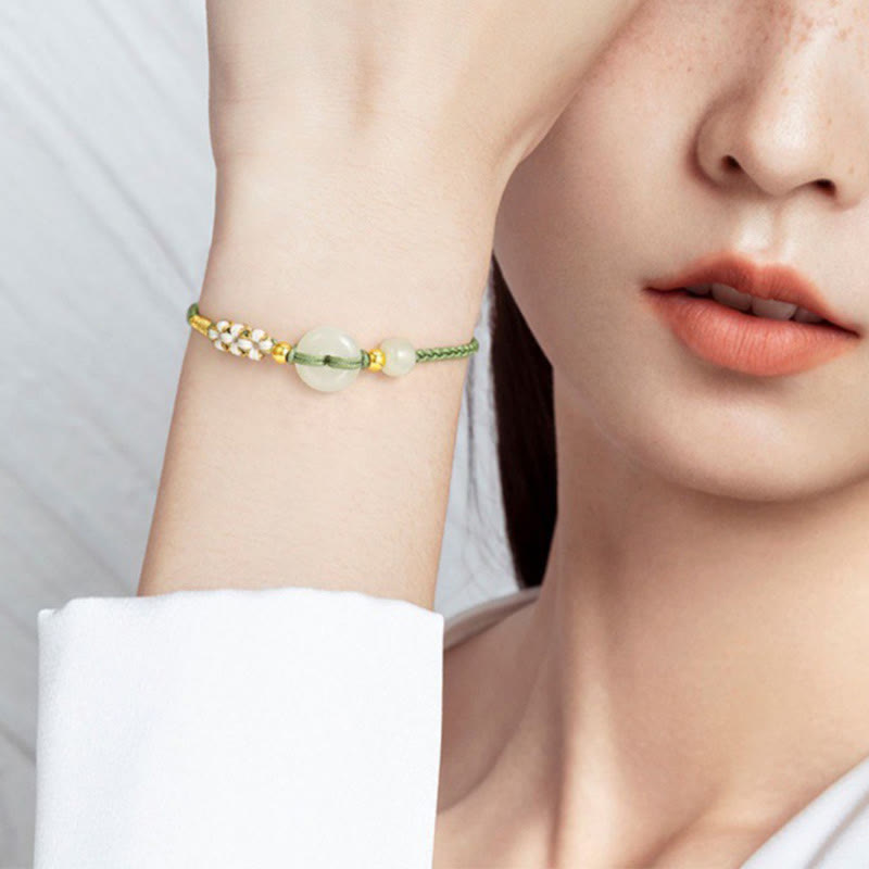 Stone of buddha Hetian Jade Peace Buckle Luck Peach Blossom Braided Bracelet