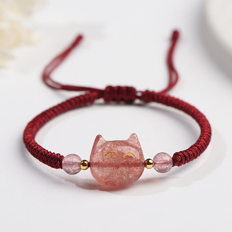Stone of buddha Handmade Natural Silver Sheen Obsidian Strawberry Quartz Cute Cat Protection Braided Bracelet