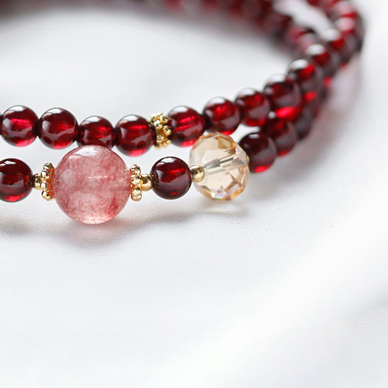 Stone of buddha 14K Gold Plated Natural Garnet Strawberry Quartz Stability Double Wrap Bracelet