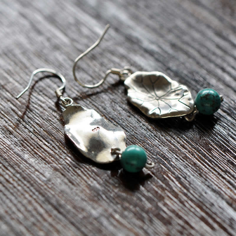 Stone of buddha 925 Sterling Silver Turquoise Lotus Leaf Protection Drop Dangle Earrings