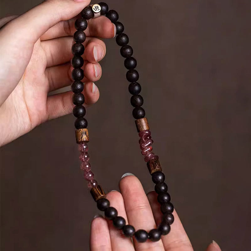 Stone of buddha 925 Sterling Silver Chinese Zodiac Natal Buddha Agarwood Strawberry Quartz Peace Double Wrap Bracelet