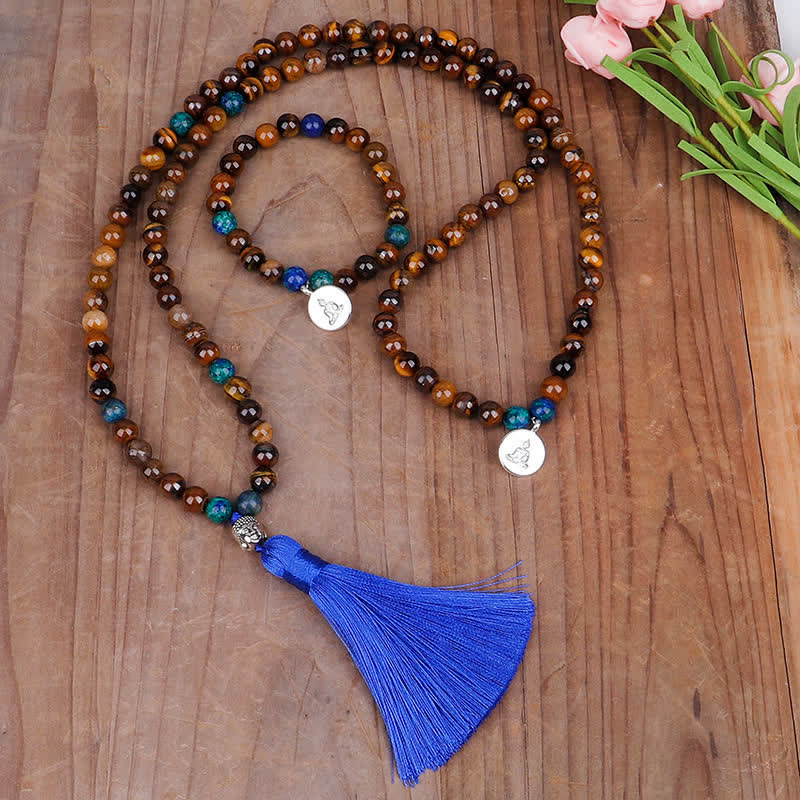 Stone of buddha 108 Mala Beads Tiger Eye Buddha Strength Bracelet Tassel Necklace Pendant