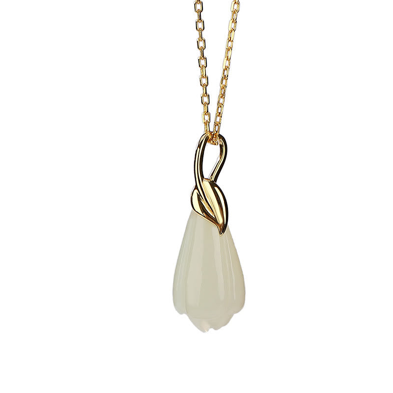 Stone of buddha 925 Sterling Silver Plated Gold Natural Hetian Jade Magnolia Flower Abundance Necklace Pendant