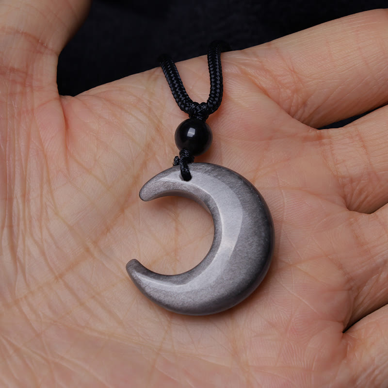 Stone of buddha Natural Silver Sheen Obsidian Selenite Crystal Crescent Moon Yin Yang Couple Protection Necklace Pendant