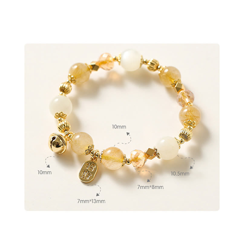 Stone of buddha 14K Gold Plated Golden Rutilated Quartz Wealth Bell Lucky Fortune Charm Bracelet