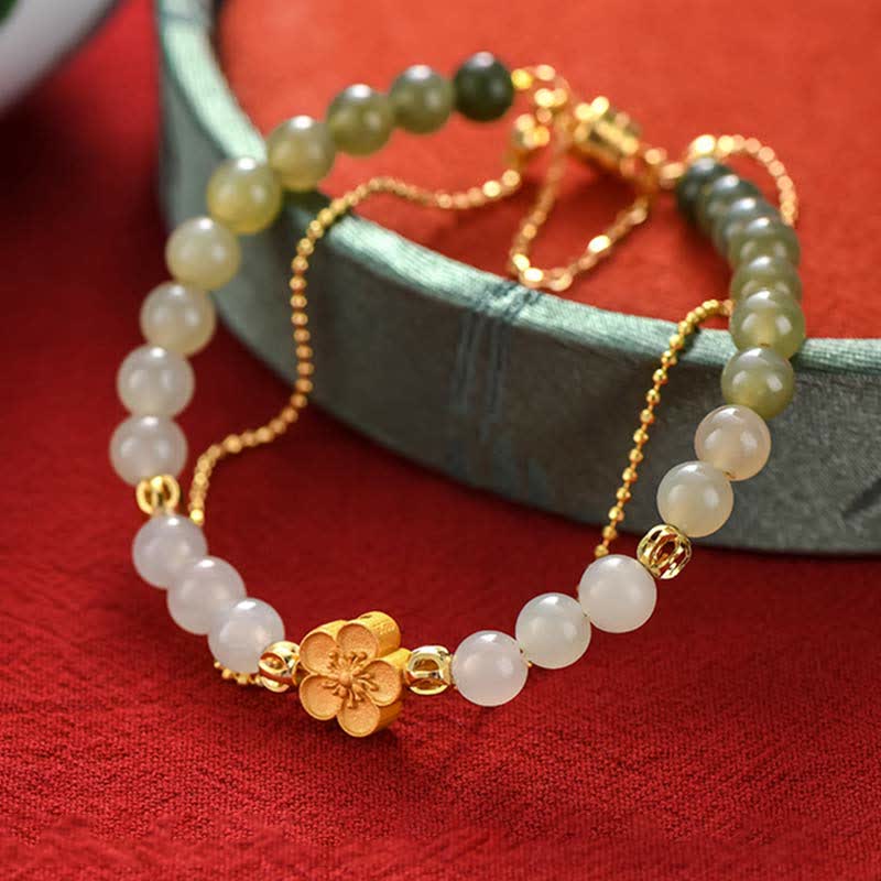 Stone of buddha 925 Sterling Silver Natural Hetian Jade Peach Blossom Luck Chain Bracelet