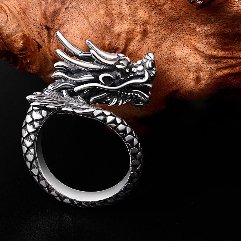 Stone of buddha 990 Sterling Silver Vintage Dragon Design Luck Protection Strength Adjustable Ring