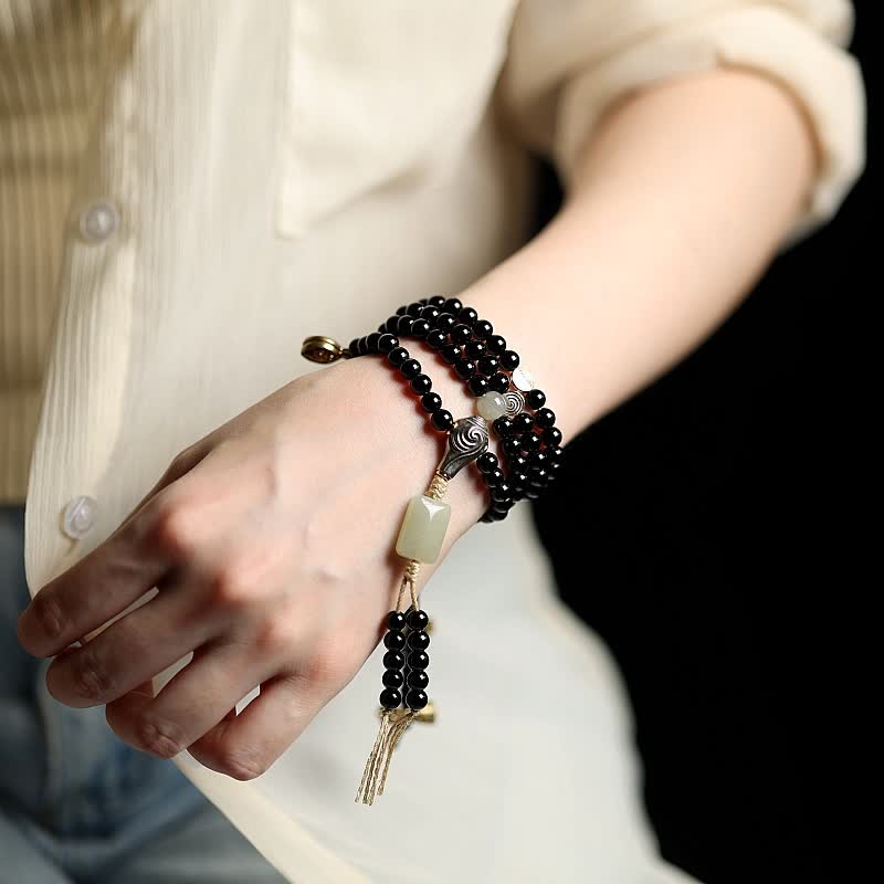 Stone of buddha Tibetan Black Onyx Hetian Jade 108 Mala Beads Fortune Bracelet