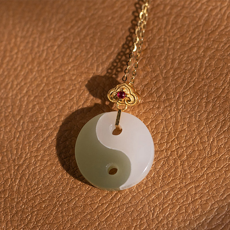 Stone of buddha Yin Yang Jade 18K Gold Luck Prosperity Necklace Pendant