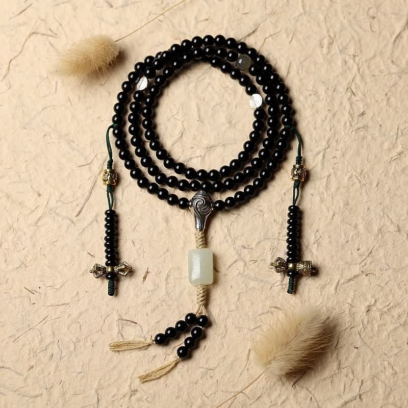 Stone of buddha Tibetan Black Onyx Hetian Jade 108 Mala Beads Fortune Bracelet