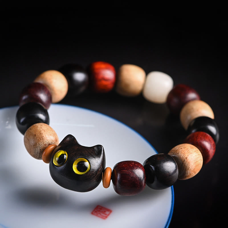 Stone of buddha Small Leaf Red Sandalwood Ebony Wood Cute Cat Engraved Protection Bracelet