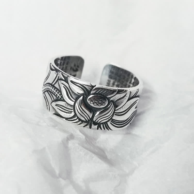 Stone of buddha 999 Sterling Silver Lotus Symbol Heart Sutra Protection Ring