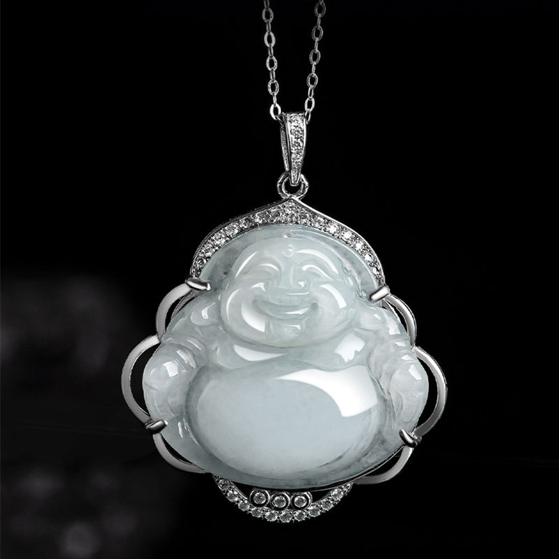 Stone of buddha 925 Sterling Silver Laughing Buddha Natural Jade Abundance Necklace Pendant
