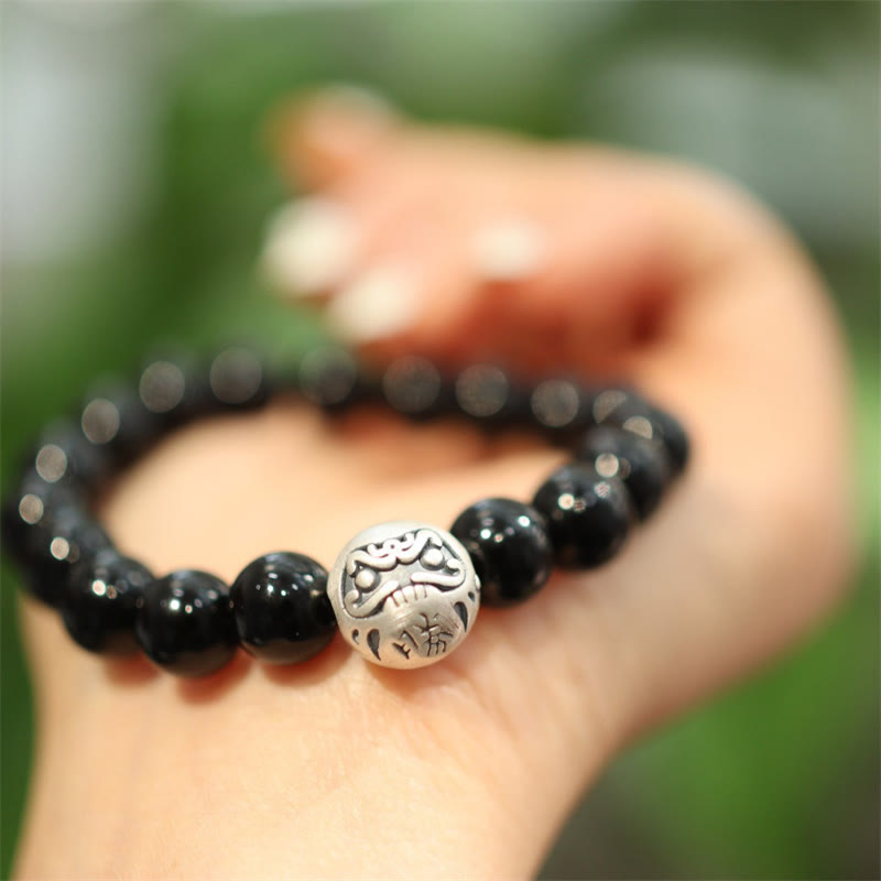 Stone of buddha 925 Sterling Silver Black Onyx Bead Character Engraved Protection Bracelet