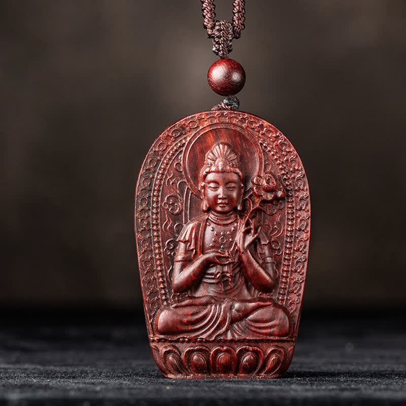 Stone of buddha Chinese Zodiac Natal Buddha Small Leaf Red Sandalwood Lotus Protection Necklace Pendant