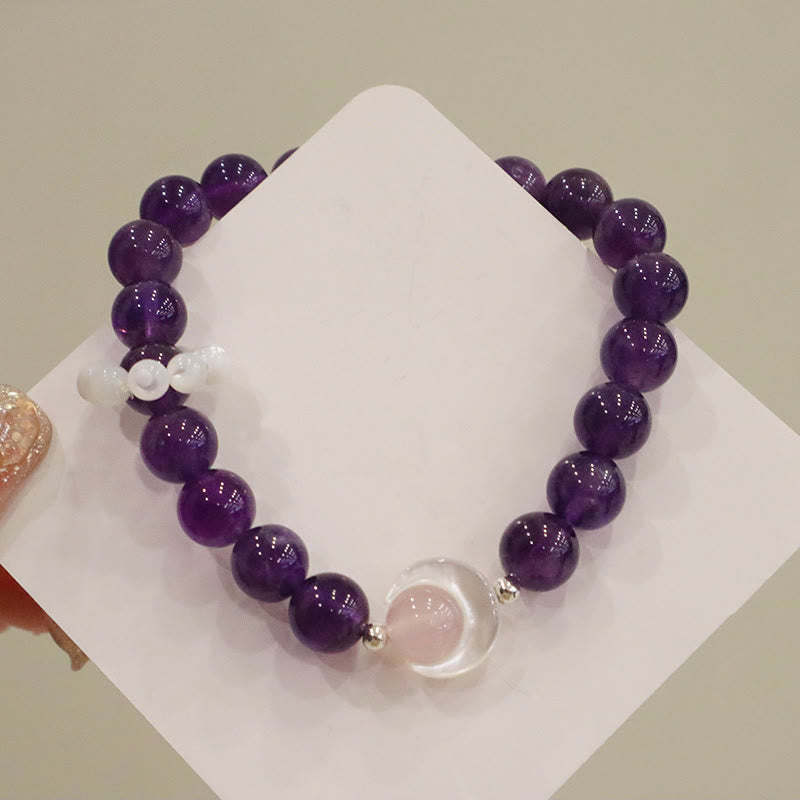 Stone of buddha 925 Sterling Silver Natural Amethyst Aquamarine Pink Crystal Cat's Eye Healing Crescent Moon Bracelet
