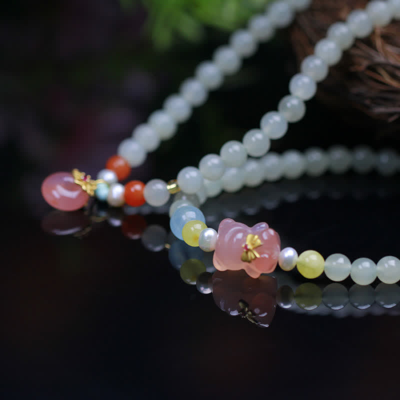 Stone of buddha Natural Hetian Jade Pink Crystal Peace Buckle Happiness Abundance Bracelet