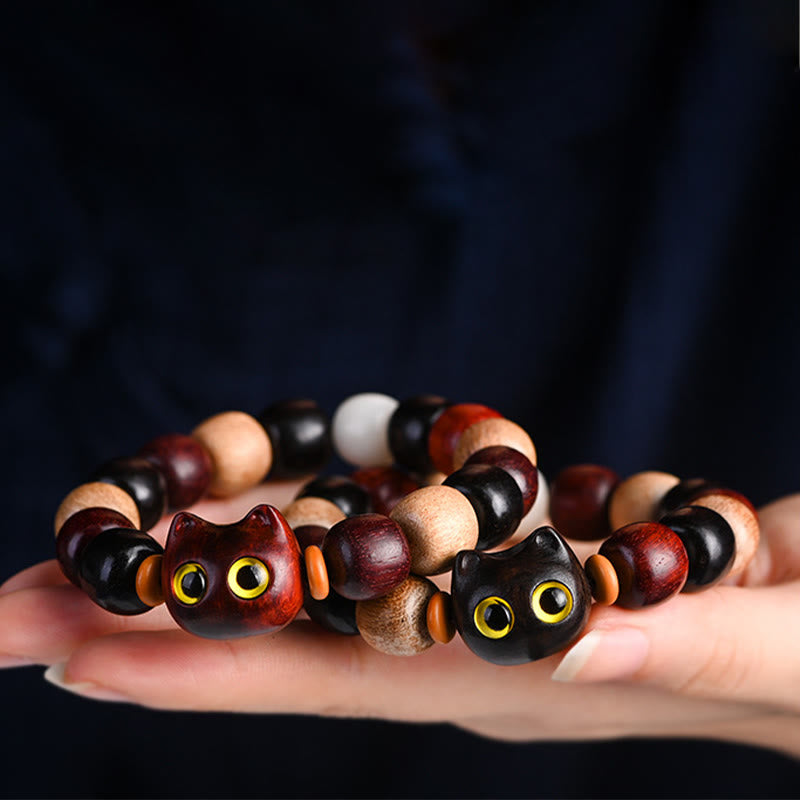 Stone of buddha Small Leaf Red Sandalwood Ebony Wood Cute Cat Engraved Protection Bracelet