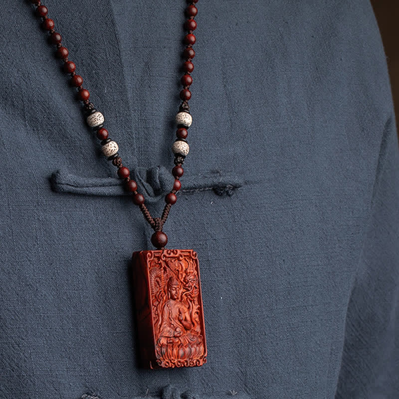 Stone of buddha Chinese Zodiac Natal Buddha Small Leaf Red Sandalwood Protection Necklace Pendant