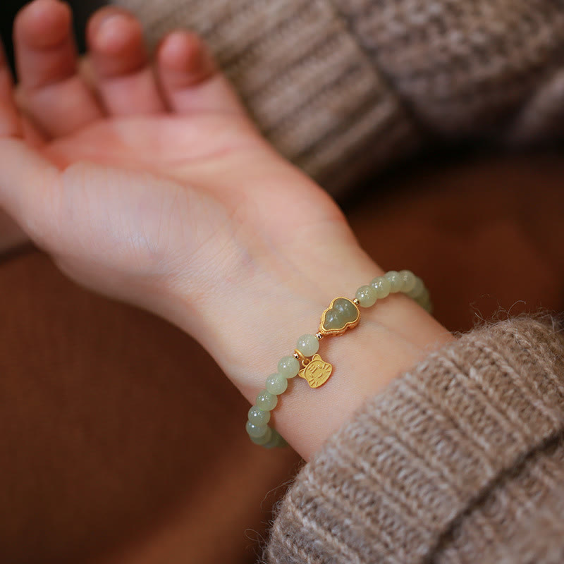 Stone of buddha 925 Sterling Silver Plated Gold Natural Hetian Jade Bead Gourd Lotus Bamboo Fu Character Luck Bracelet