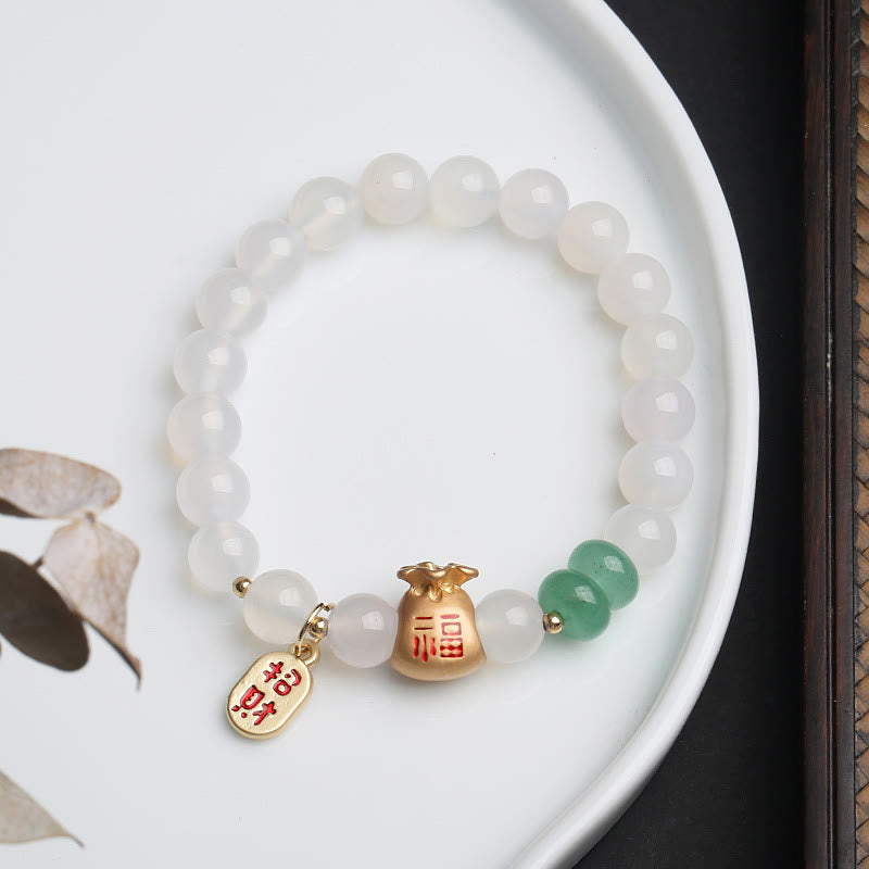 Stone of buddha Natural White Agate Red Agate Money Bag Fu Character Four Leaf Clover Protection Bracelet