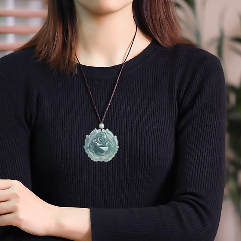 Stone of buddha Natural Jade Laughing Buddha Lotus Pattern Luck Necklace Pendant