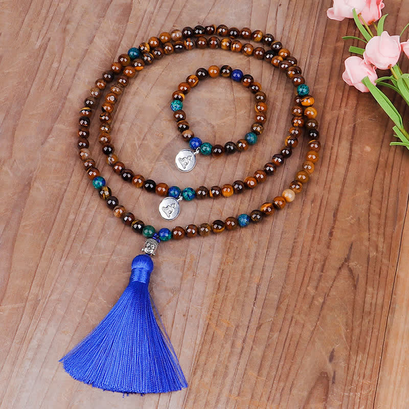 Stone of buddha 108 Mala Beads Tiger Eye Buddha Strength Bracelet Tassel Necklace Pendant