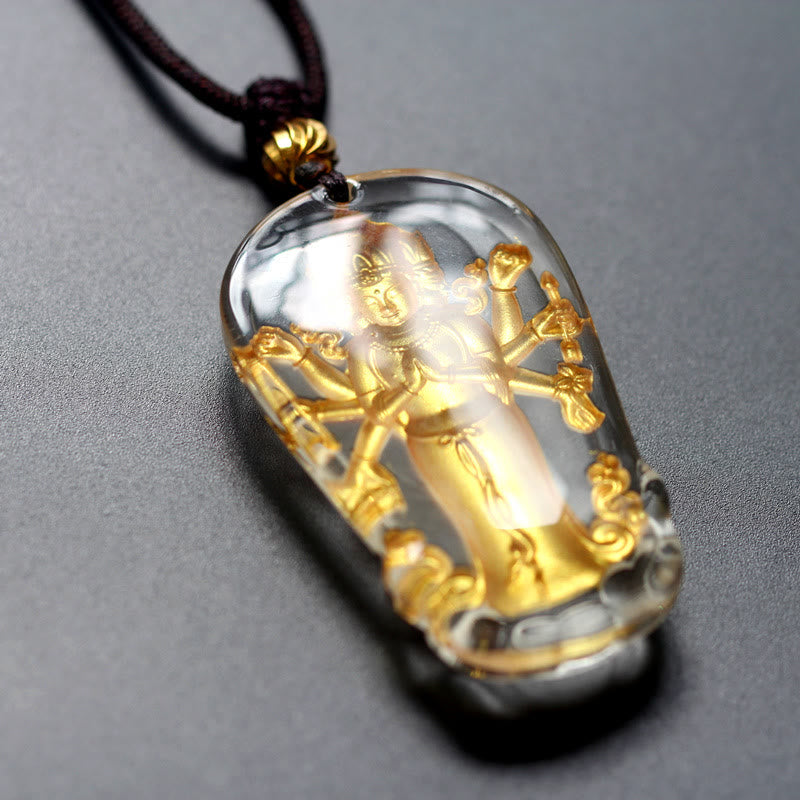Stone of buddha Tibetan Eight-armed Avalokitesvara Guanyin Buddha Gold Plated Liuli Crystal Wealth Necklace Pendant