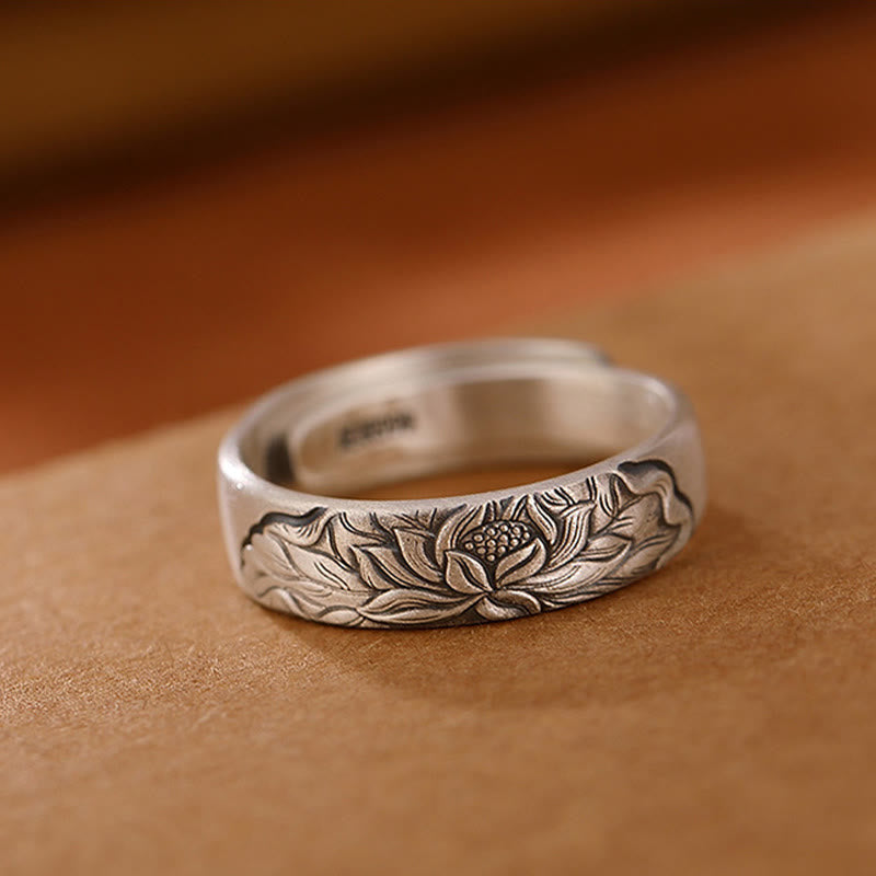 Stone of buddha 999 Sterling Silver Lotus Flower Plum Blossom Auspicious Clouds Engraved Enlightenment Ring