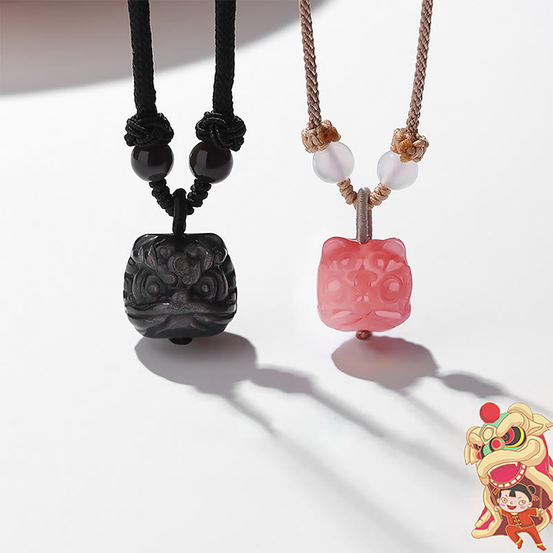 Stone of buddha Natural Silver Sheen Obsidian Red Agate Dancing Lion Protection Necklace Pendant