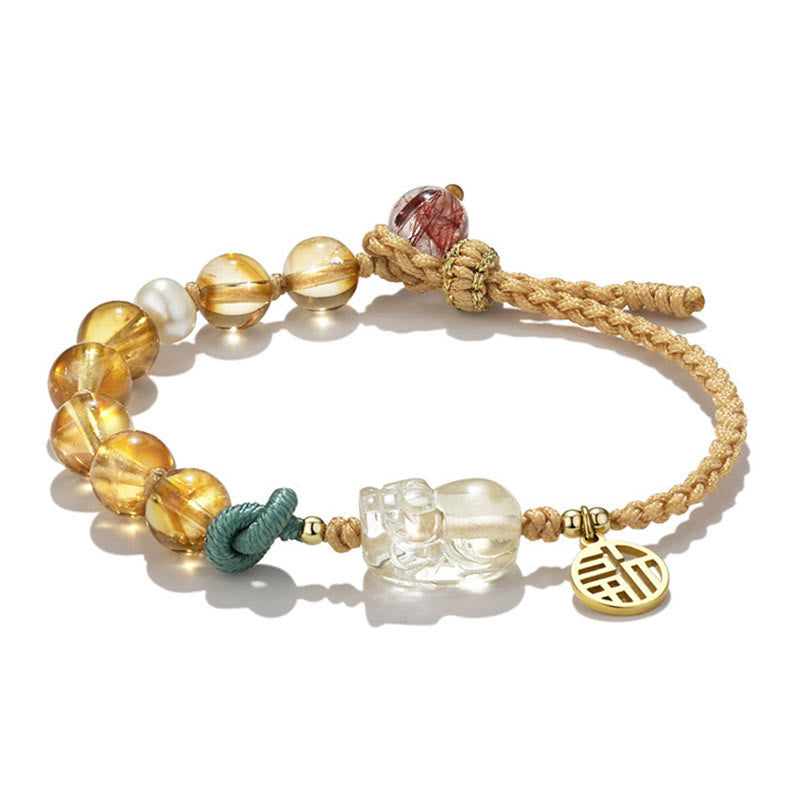 Stone of buddha Citrine PiXiu Fu Character Prosperity String Braided Bracelet