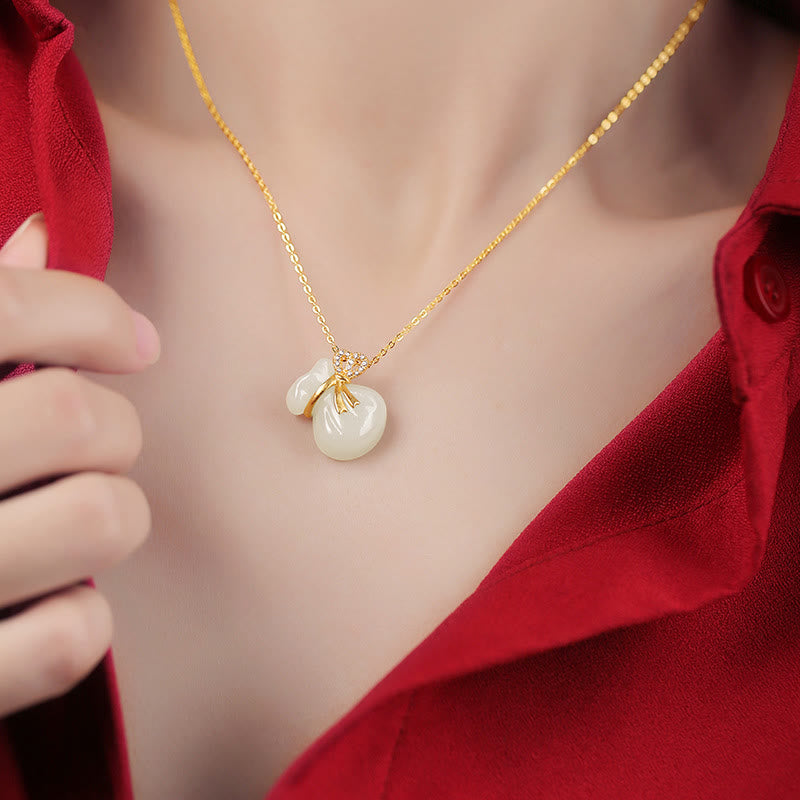 Stone of buddha Natural Hetian White Jade Luck Money Bag Necklace Pendant