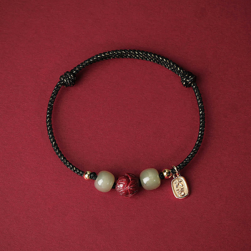 Stone of buddha 14K Gold Plated Hetian Jade Cinnabar Lotus Luck Handcrafted Rope Bracelet