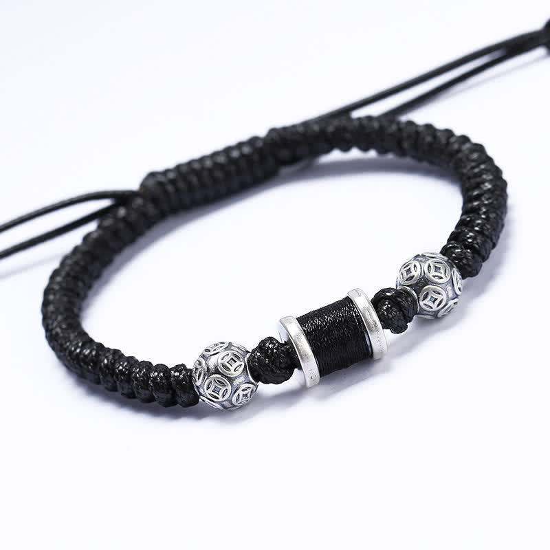 Stone of buddha 999 Sterling Silver Copper Coin Bead Copper Balance Braided String Bracelet