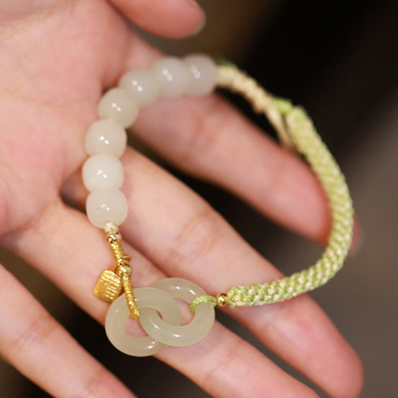 Stone of buddha Natural Hetian Jade Bead Double Peace Buckle Fu Character Abundance Braided Bracelet