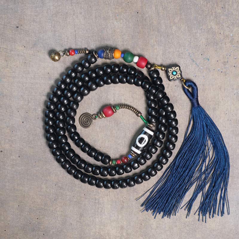 Stone of buddha 108 Beads Mala Ebony Wood Dzi Bead Copper Balance Tassel Bracelet