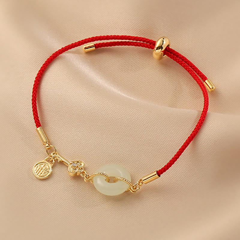 Stone of buddha 18K Gold Plated Hetian Jade Peace Buckle Fu Character Luck Red Rope Bracelet
