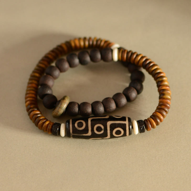 Stone of buddha Tibetan Nine-Eye Dzi Bead Green Sandalwood Ebony Wood Peace Double Wrap Bracelet