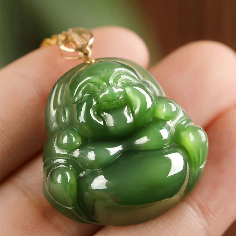 Stone of buddha 925 Sterling Silver Laughing Buddha Hetian Cyan Jade 18K Gold Success Necklace Chain Pendant