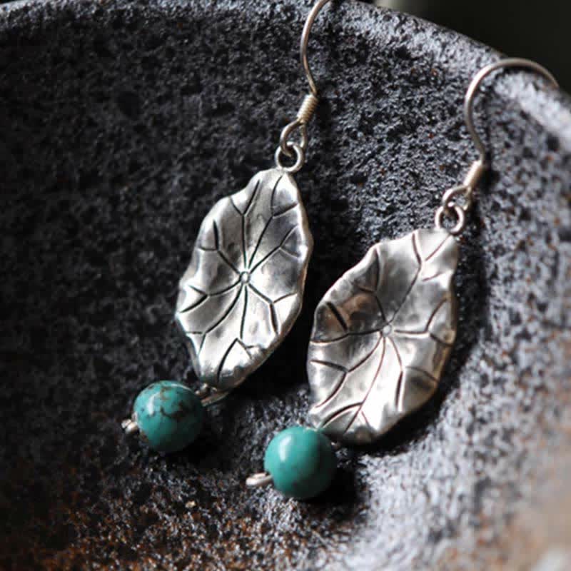 Stone of buddha 925 Sterling Silver Turquoise Lotus Leaf Protection Drop Dangle Earrings