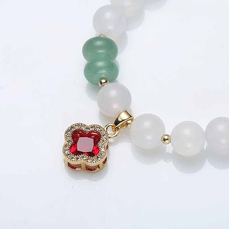 Stone of buddha Natural White Agate Red Agate Money Bag Fu Character Four Leaf Clover Protection Bracelet