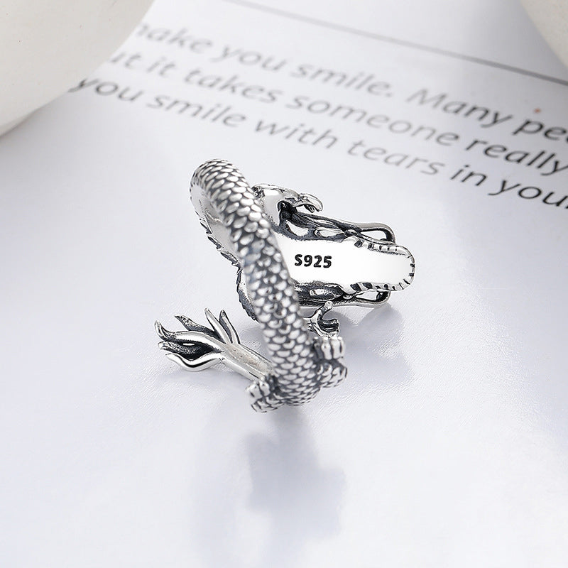 Stone of buddha Vintage 925 Sterling Silver Year Of The Dragon Design Luck Metal Ring