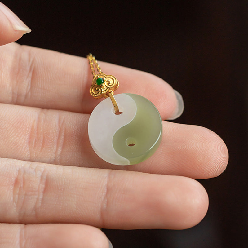 Stone of buddha Yin Yang Jade 18K Gold Luck Prosperity Necklace Pendant