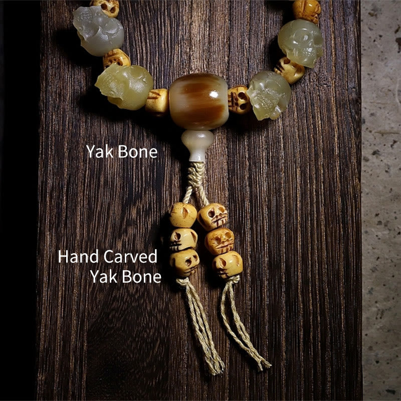 Stone of buddha Handmade Tibetan Sheep Horn Skull The Lord of the Corpse Forest Yak Bone Engraved Luck Bracelet