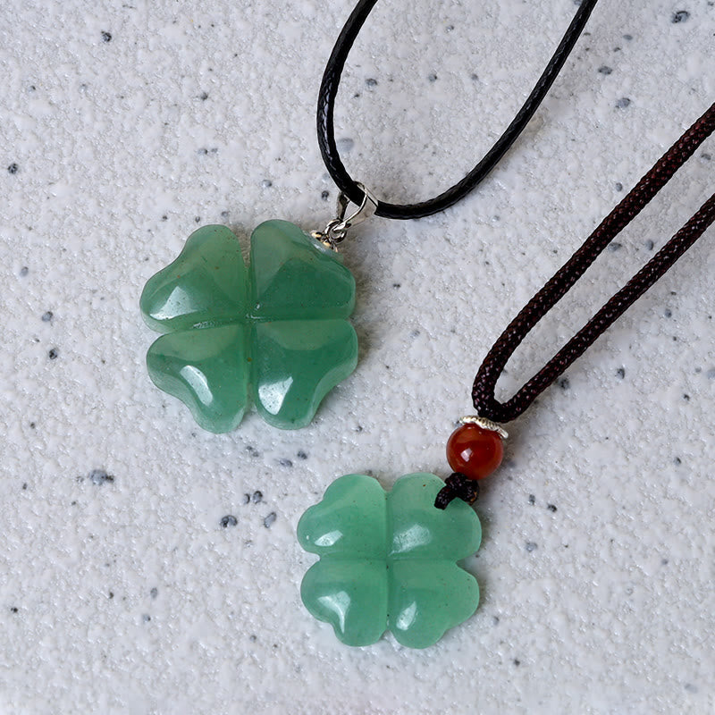 Stone of buddha 925 Sterling Silver Green Aventurine Four Leaf Clover Luck Leather Rope Necklace Pendant