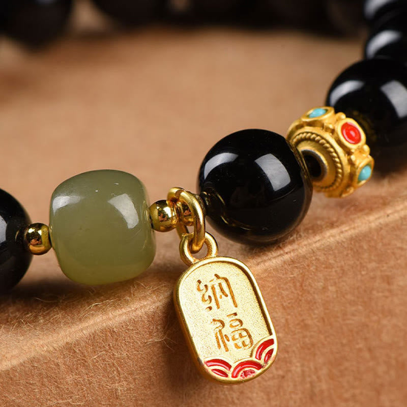 Stone of buddha Black Onyx Hetian Jade Bead Lucky Fortune Charm Bracelet