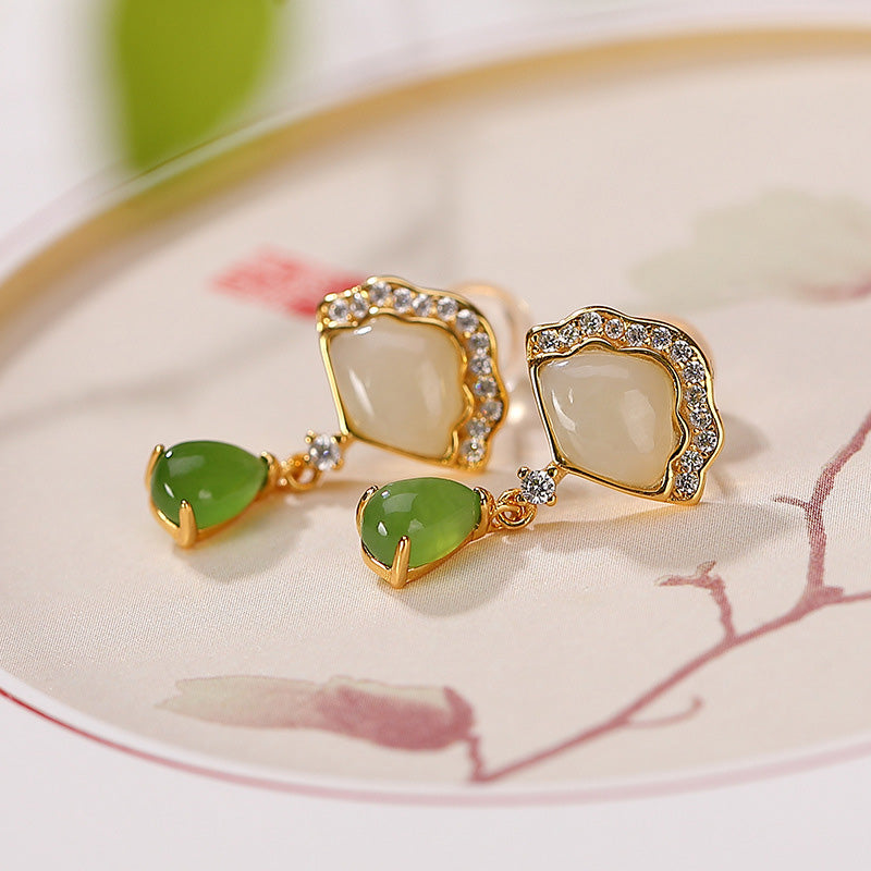 Stone of buddha White Jade Cyan Jade Fan Water Drop Pattern Luck Drop Earrings