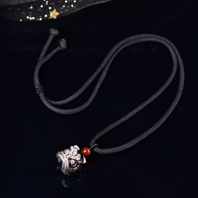 Stone of buddha Natural Silver Sheen Obsidian Dancing Lion Protection Necklace Pendant